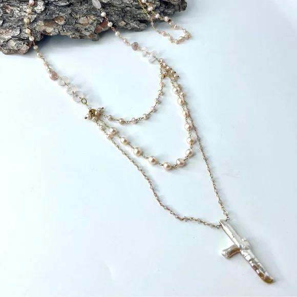 Blush Pink Gemstone 14k Gold Filled Multistrand Necklace, Baroque Pearl Cross - Picture 7 of 7